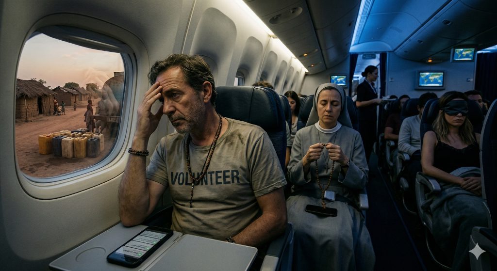 Médicos voluntarios regresando en avión tras misión humanitaria, en silencio y reflexión