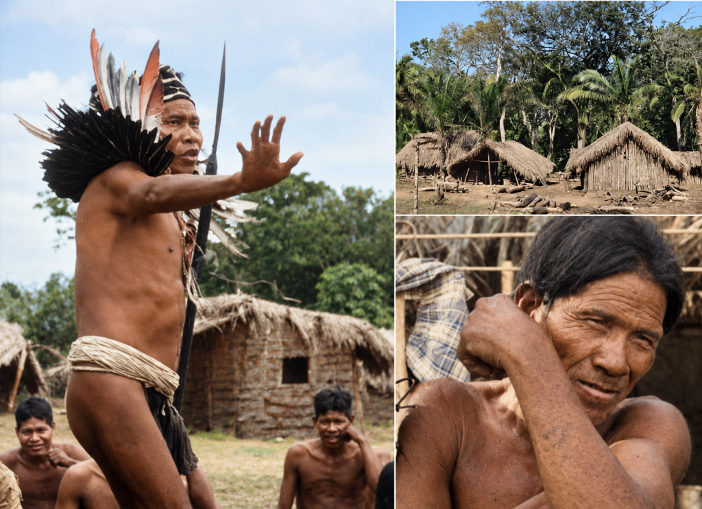 Composición de tres fotografías coloreadas del pueblo ayoreo: un hombre con tocado de plumas, un poblado con chozas y el retrato de un hombre mayor.