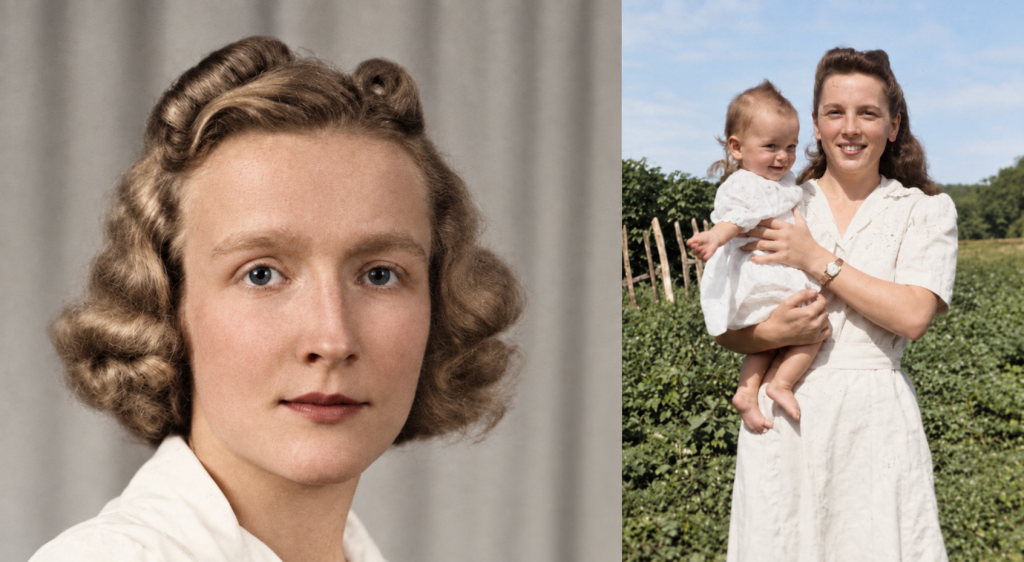 Dos fotografías históricas restauradas y coloreadas: retrato de una mujer a la izquierda Audrey Bacon y una mujer con un bebé en brazos al aire libre a la derecha. Avis Marie.