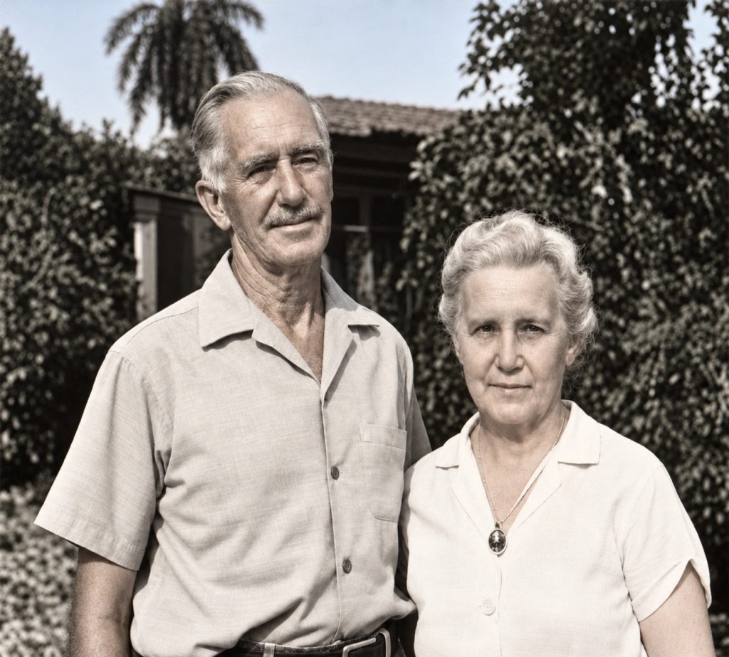 Don Jorge Haight y doña Elena juntos al aire libre.