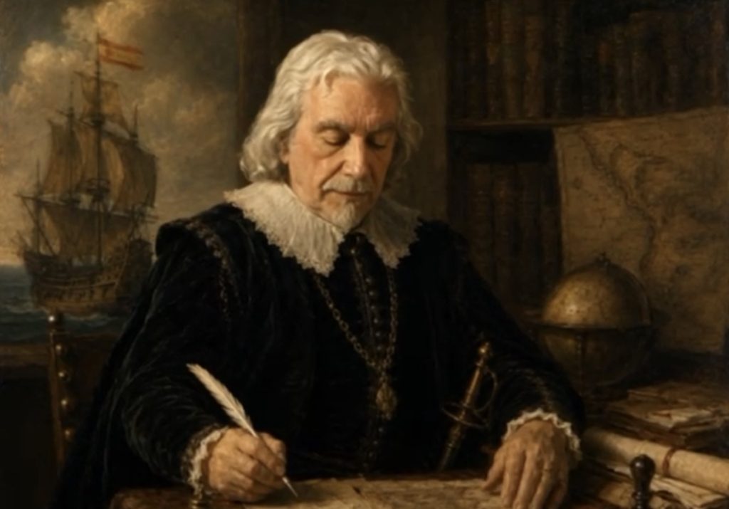 Retrato de un hombre de cabello blanco, vestido de negro, junto a documentos y un globo terráqueo.